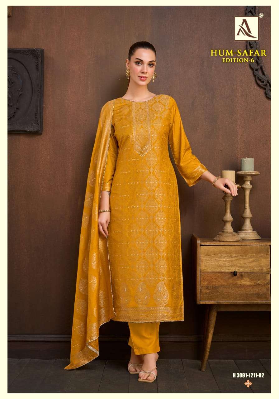 ALOK SUIT HUM SAFAR VOL 6 MALSIN JACQUARD PRINT SALWAR KAMEEZ MATERIAL WHOLESALER ALOK SUIT HUM SAFAR VOL 6 MALSIN JACQUARD PRINT SALWAR KAMEEZ MATERIAL WHOLESALER